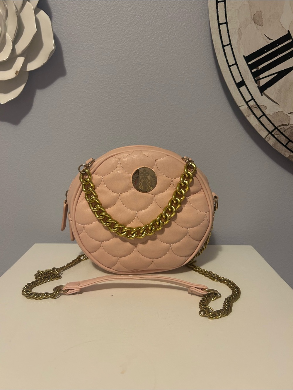 Starbucks Pink Quilted  Round Crossbody with Gold Chain